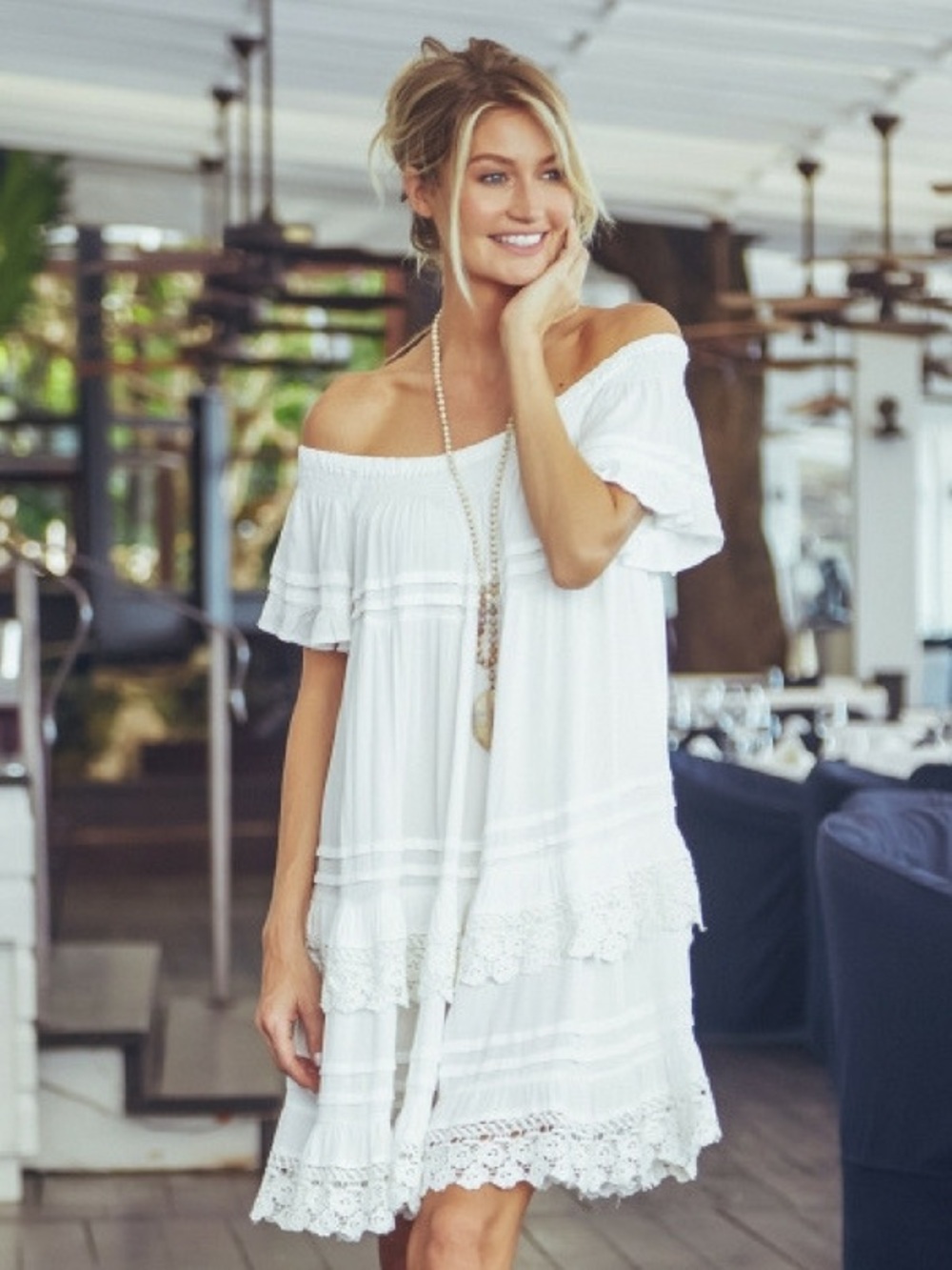 Muche et Muchette Esmeralda Dress in White One Size Bohemian Tiered Crochet Trim
